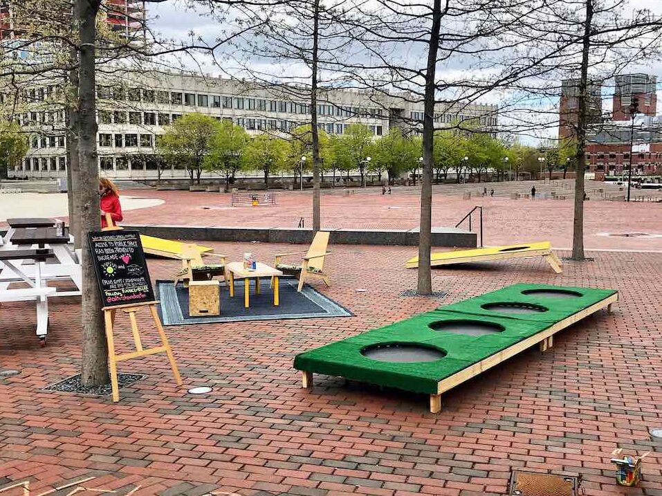 Trampolines at the CultureHouse pop-up at City Hall Plaza in Boston