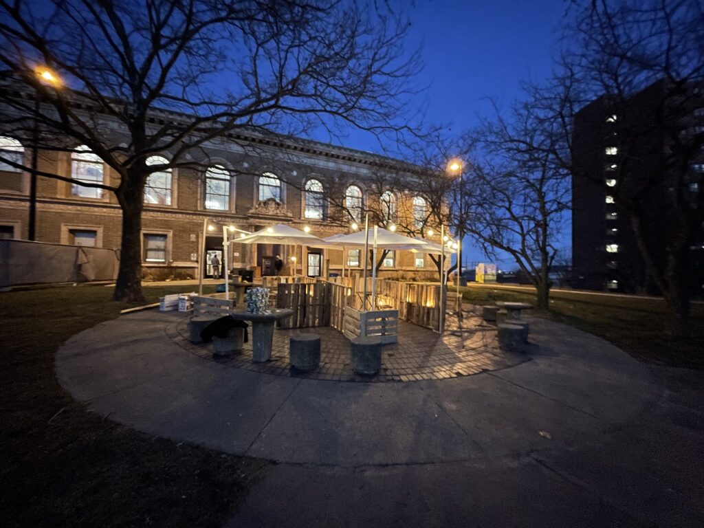 Somerville Library Wi-Fi Pop-Up at dark with glowing lights