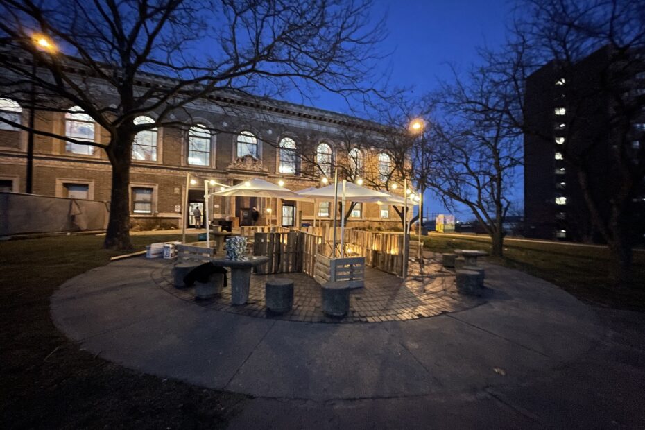 Somerville Library Wi-Fi Pop-Up at dark with glowing lights