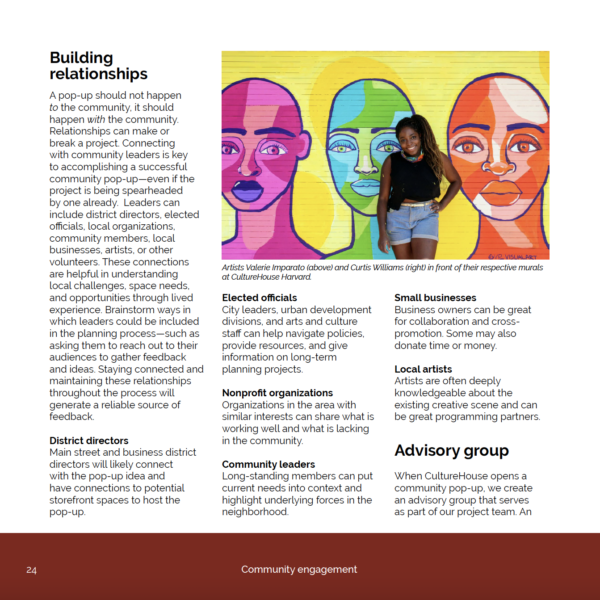 A page in the handbook with three text blocks and the subtitle "Building Relationships." A phone shows a black femme standing in front of a colorful mural of faces.