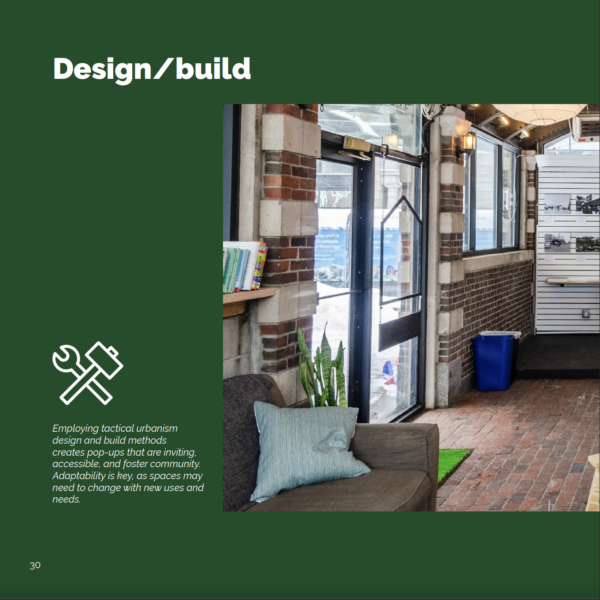 A green page in the Handbook with the chapter title "Design/Build" A phot shows an entrance area to a community space.