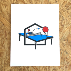 A screen printed poster of a blue ping pong table inside of a black-lined logo in the shape of a house.