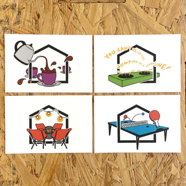 Four postcards against a wooden grain background. Each card features an illustration against the CultureHouse five point house logo. Clock-wise from top right: 1. A green trampoline with the text "You can't be sad jumping on a trampoline" 2. A blue ping pong table 3. Four red chairs around a space heater 4. A pitcher pouring coffee into a purple mug.