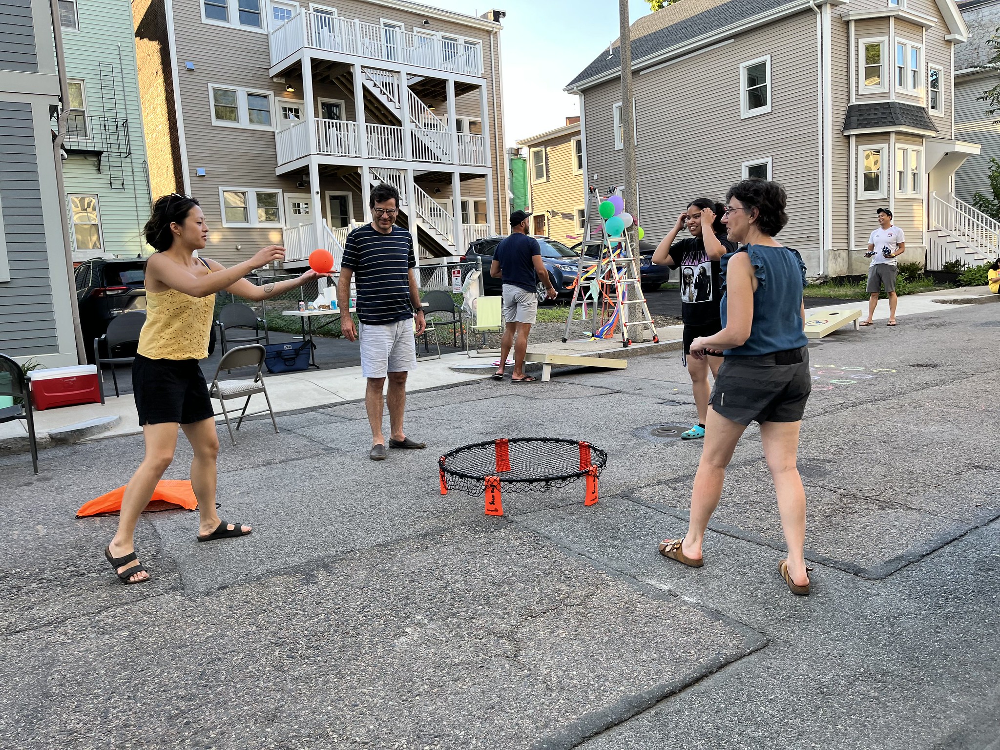 A group of people play slam ball