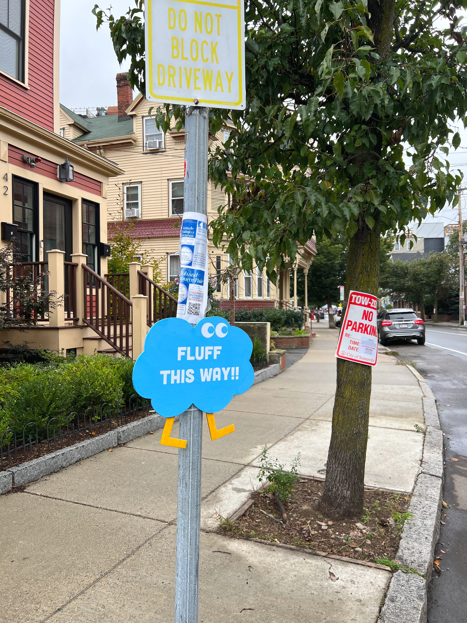 A cloud-shaped sign mounted on a street pole reads "Fluff this way!". The cloud has legs and eyes.