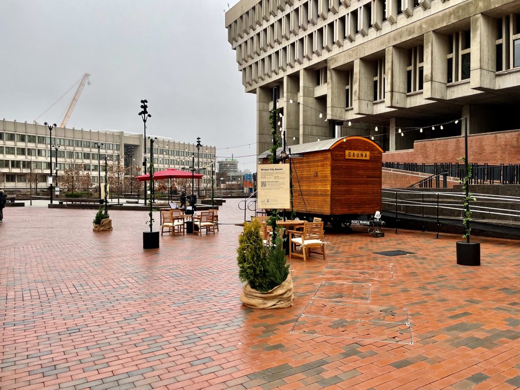 A sauna and winter village set up City Hall Plaza