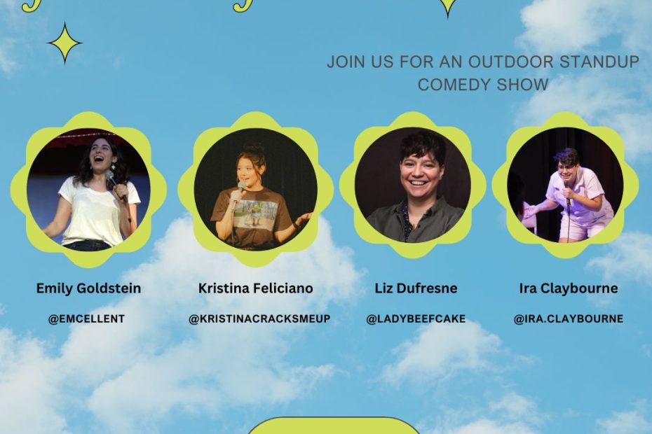 Circular images of headshots of four comedians against a backdrop of clouds in a blue sky