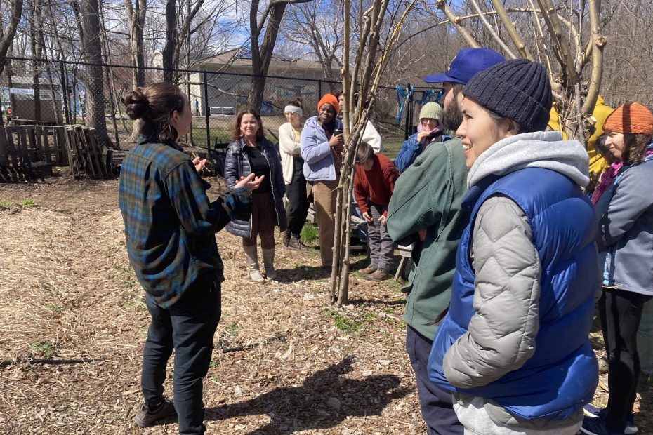 One person in a plaid shirt and black pants giving a talk to a group of people in a garden