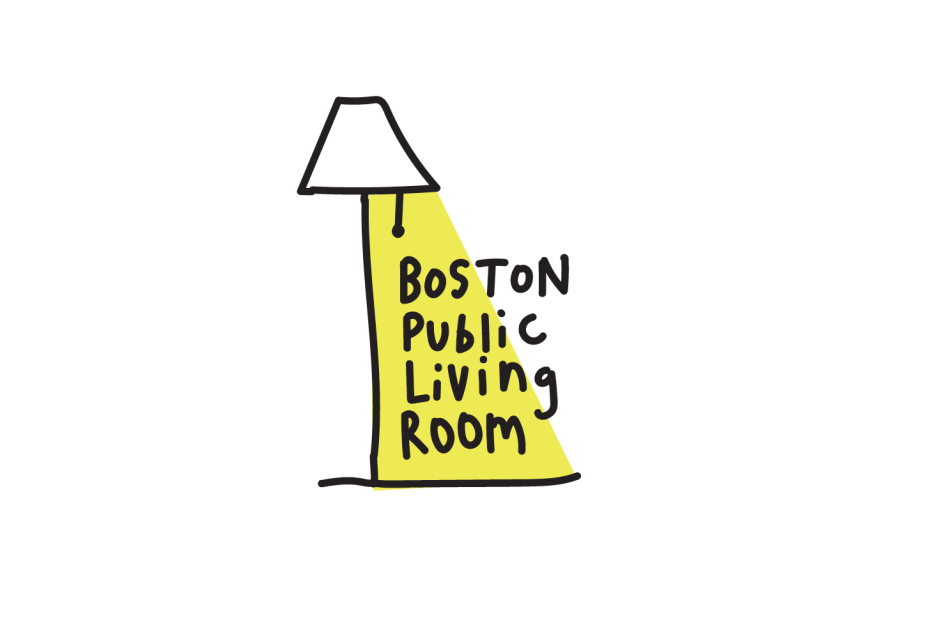 Boston public living room text under a lamp shade