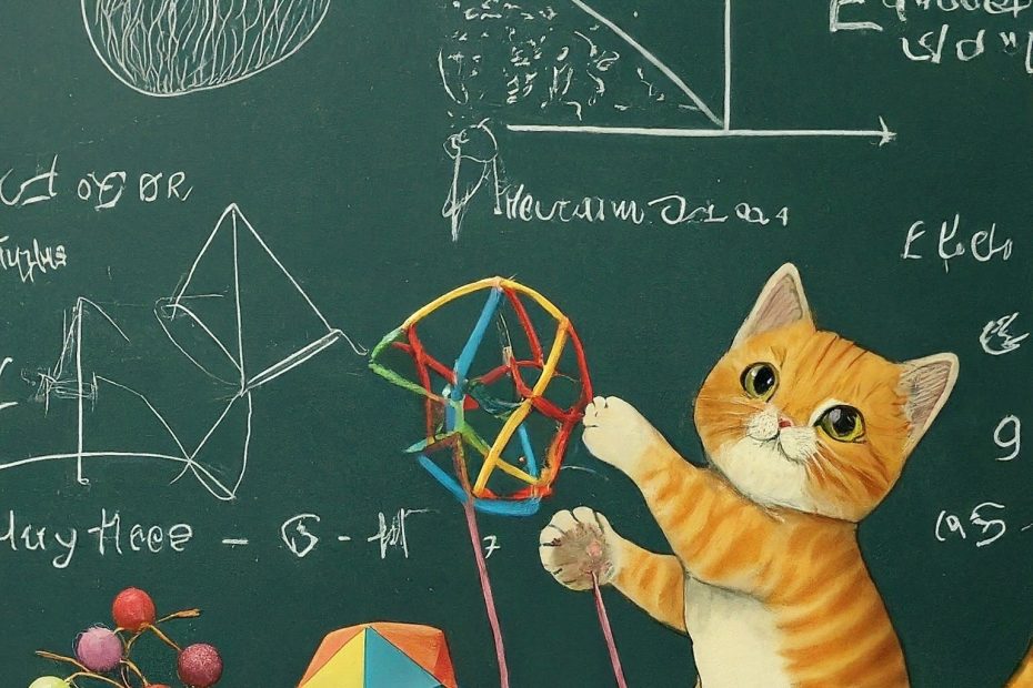A ginger cat playing with a ball of string against a chalkboard with graphs and math equations