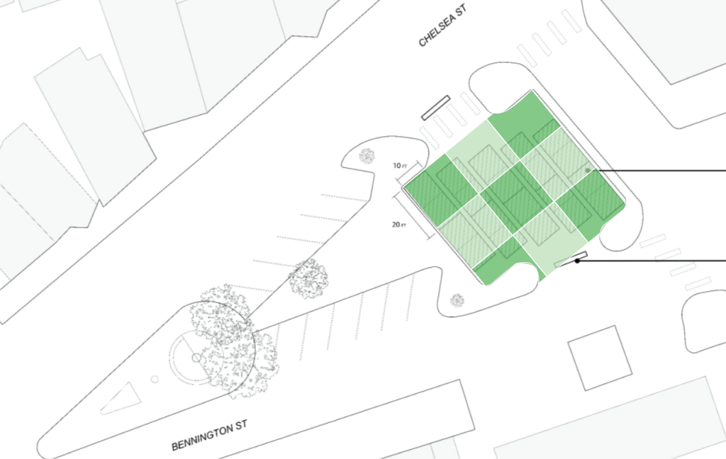 Birds eye drawing of Day Square laying out the checkered green mural.