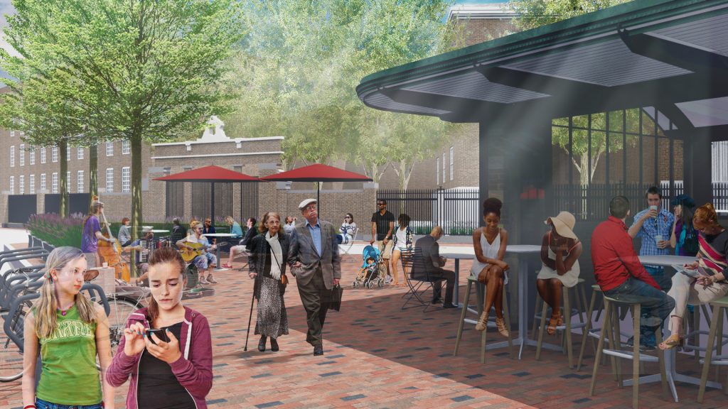 A render of the Harvard Square Kiosk showing people walking, sitting, and talking.