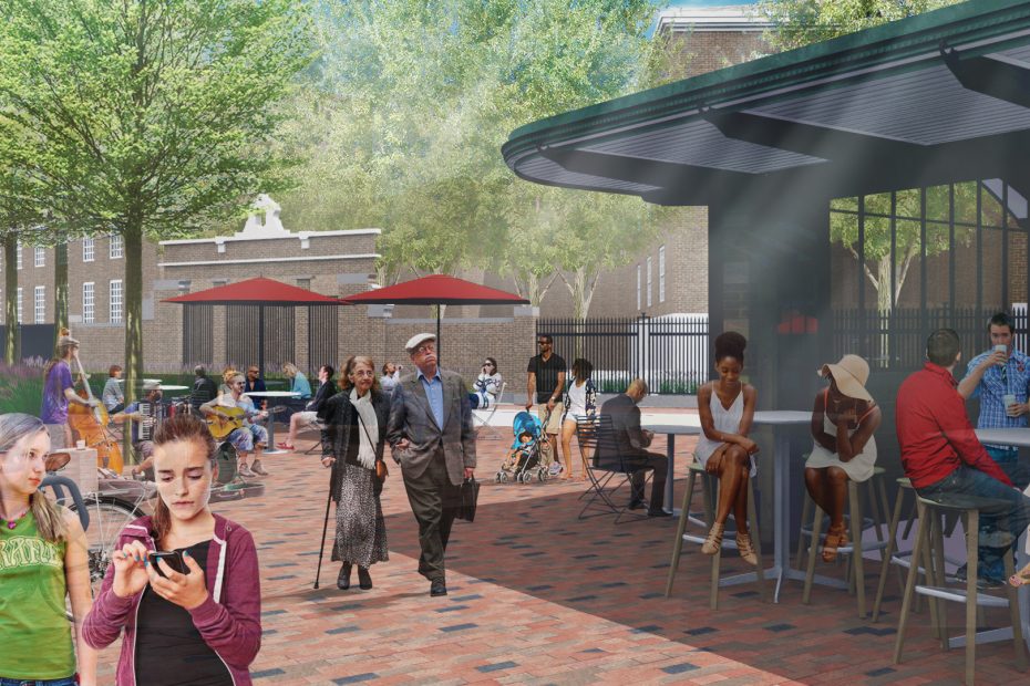 A render of the Harvard Square Kiosk showing people walking, sitting, and talking.